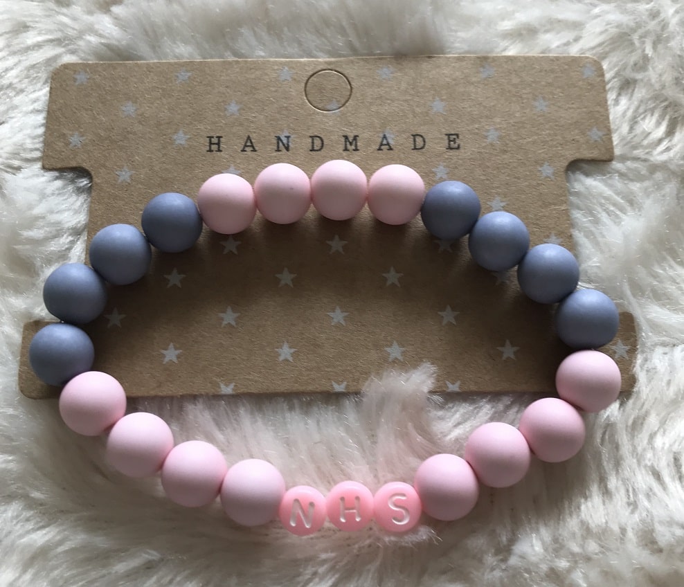 Handmade NHS, Key Worker, Hug or FRS Pink And Blue Bead Bracelet 