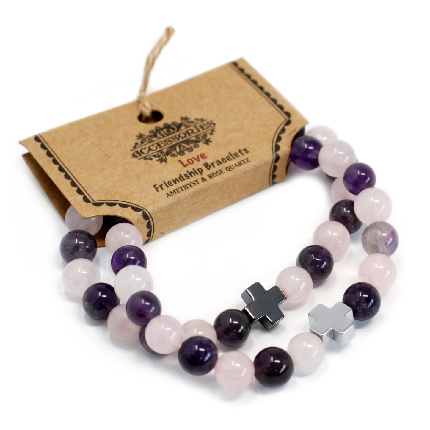 Set of 2 Gemstones Friendship Bracelets Love Amethyst And Rose Quartz