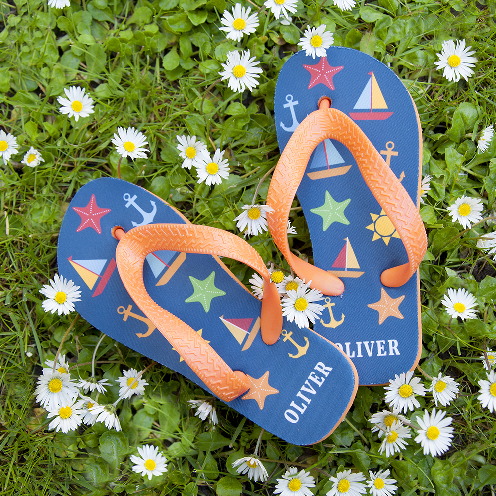All The Fun At The Beach Child's Personalised Flip Flops In Navy