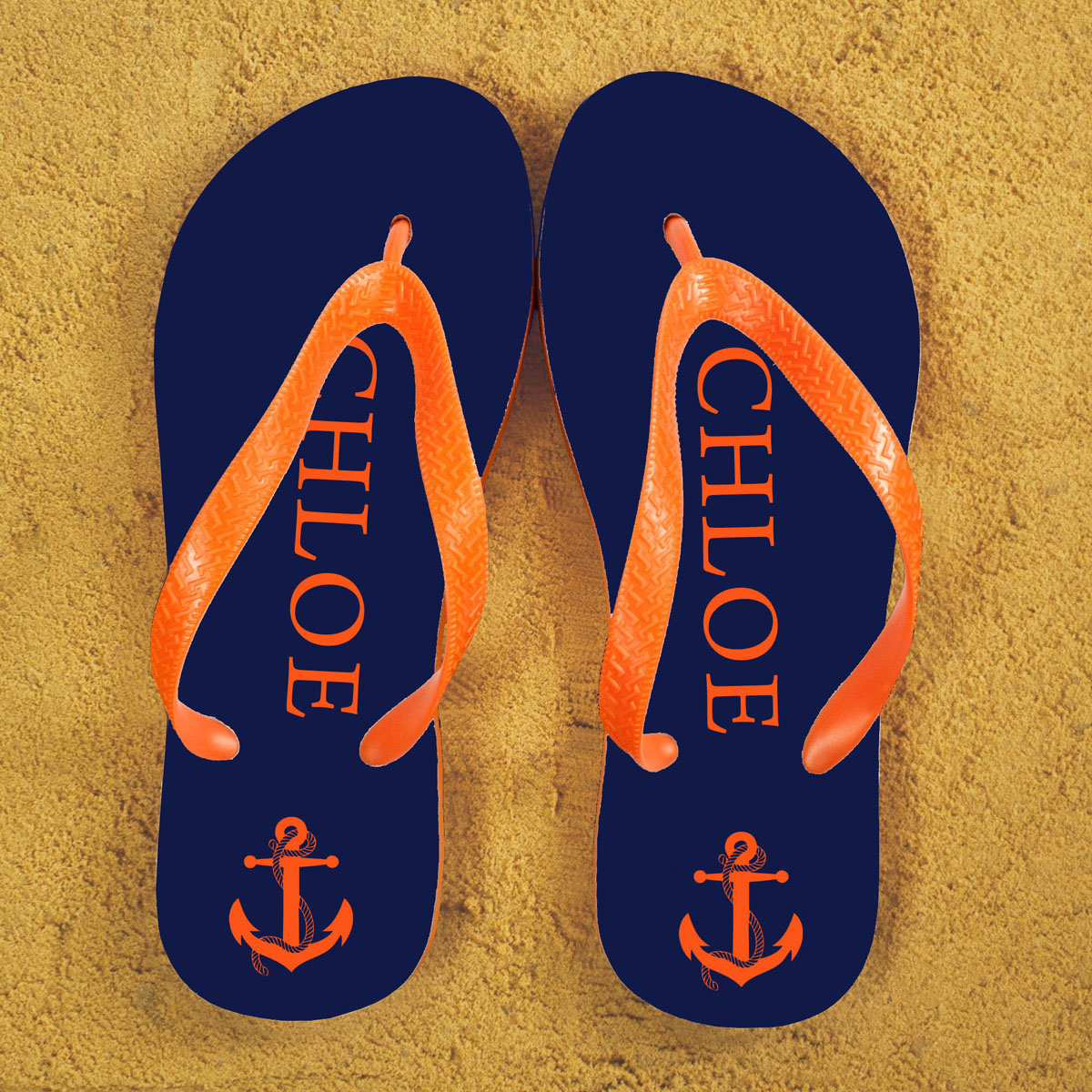 Anchor style Personalised Flip Flops in Blue and Orange