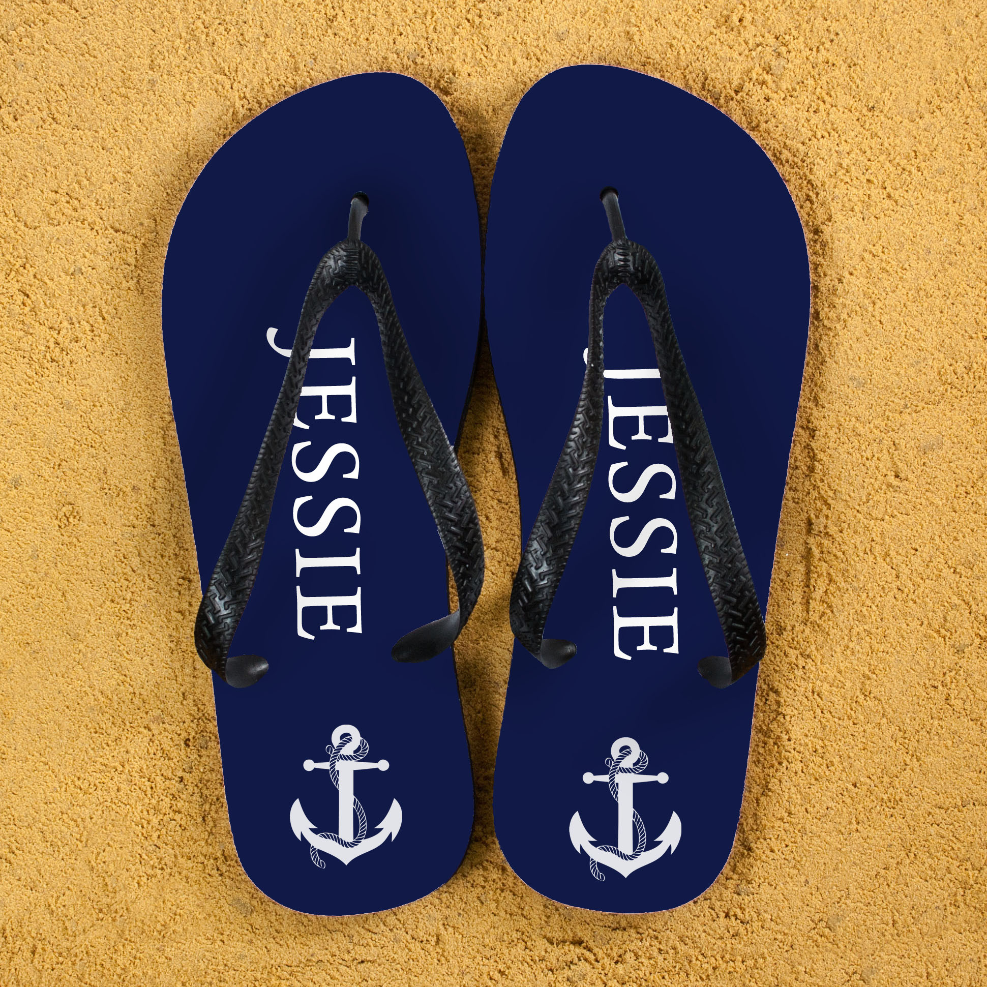 Anchor style Personalised Flip Flops in Blue and White